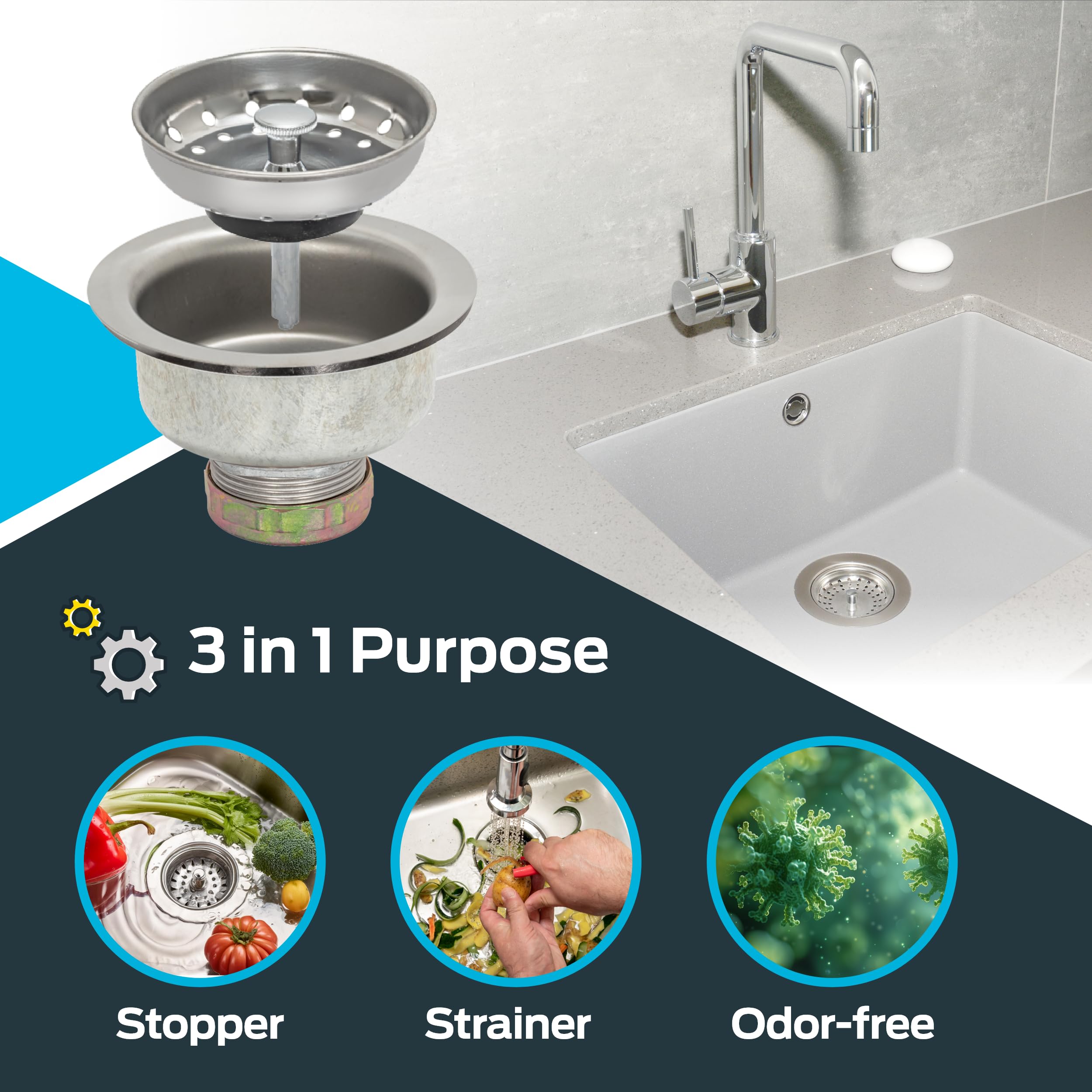 EZ-FLO Double Cup Kitchen Sink Strainer Drain Assembly, 3-1/2 to 4 Inch Opening, 1-1/4 Inch Standard Shank, Stainless Steel, 30017 - Image 3